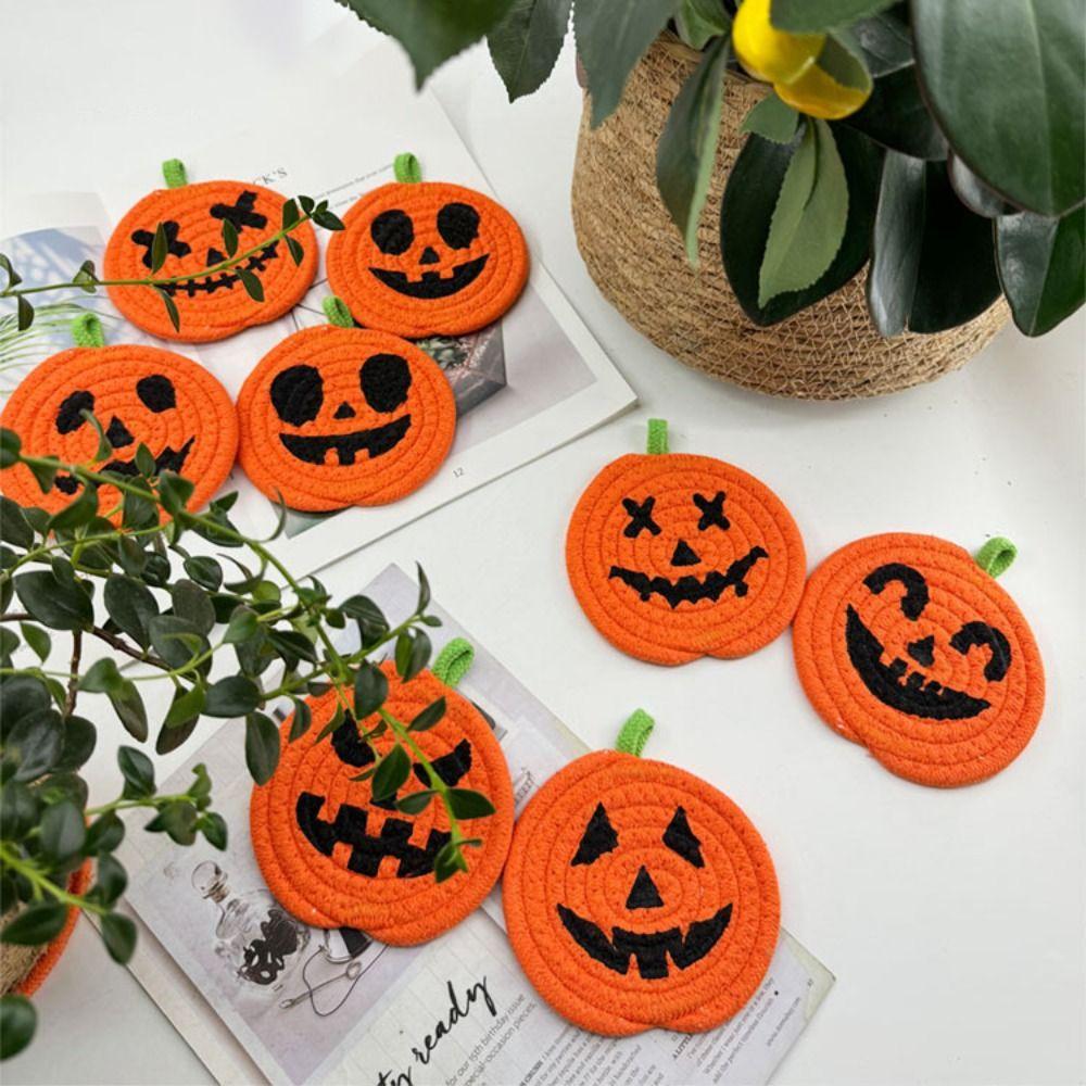 4/8Pcs Handwoven Pumpkin Shaped Coasters Creative Non-Slip Cup Mat  Halloween Decor