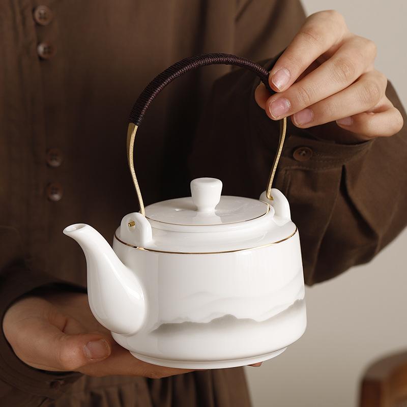 Jade Porcelain Tea Set Chinese Kung Fu Tea Pot Ceramic Tea Cup White Porcelain Set Household Large Capacity Handle Pot