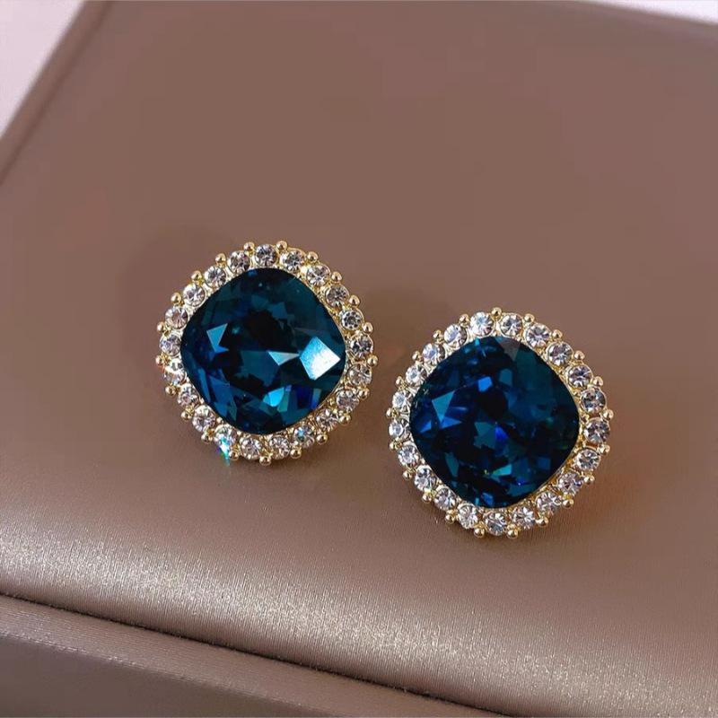 Elegant Square Blue Crystal Earrings - Korean Fashion Studs for Women