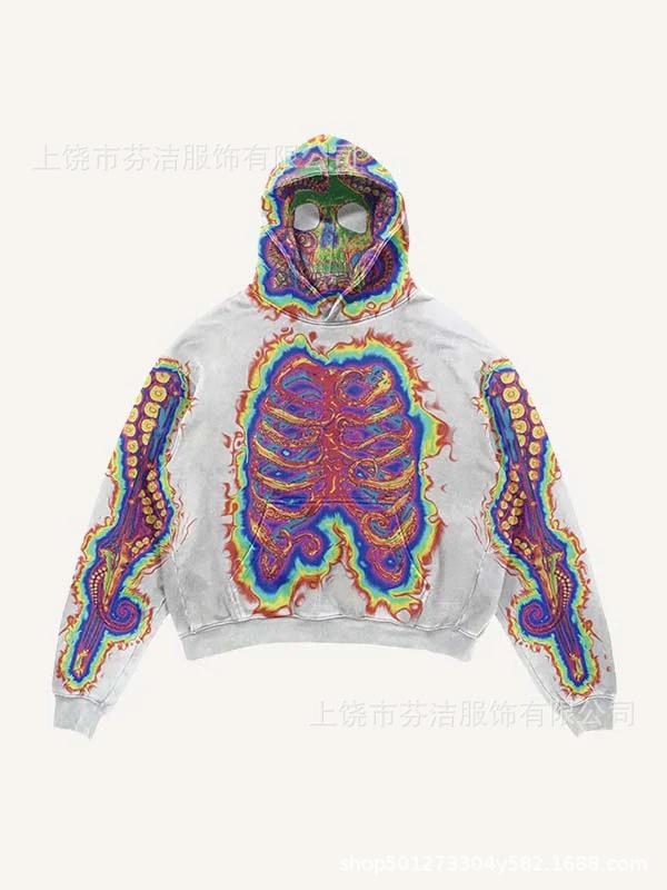 American Flame Skull Frame 3D Printed Hooded Sweatshirt, Vintage High Street Loose Trendy Brand Pullover Sweatshirt