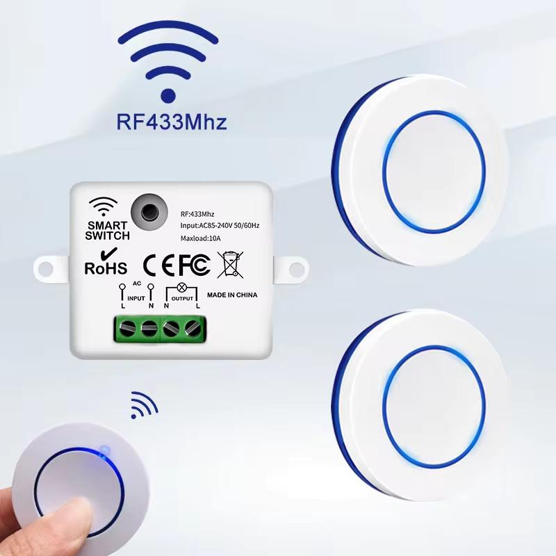 433MHz RF Wireless Remote Control Light Switch 220V 110V 10A Relay Receiver Mini Round Button Wall Panel for LED Lamps
