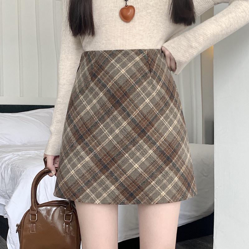 High-Waist Plaid Wool A-line Skirt for Women - Autumn Winter Collection 2026