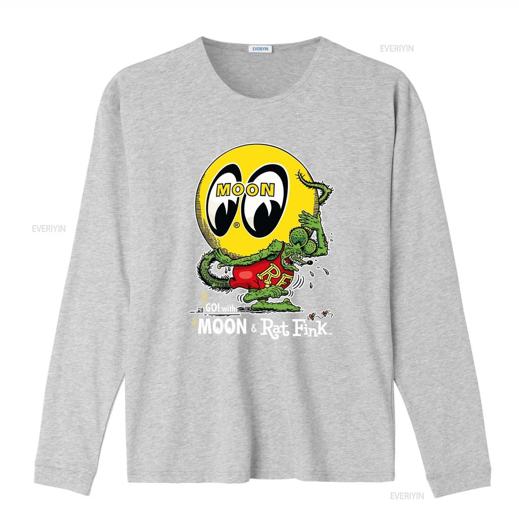 MoonEyes Go With Moon Rat Fink Cotton T Shirt Retro Eyeball Design for Mens Fashion vintage Washed Casual streetwear Stretched