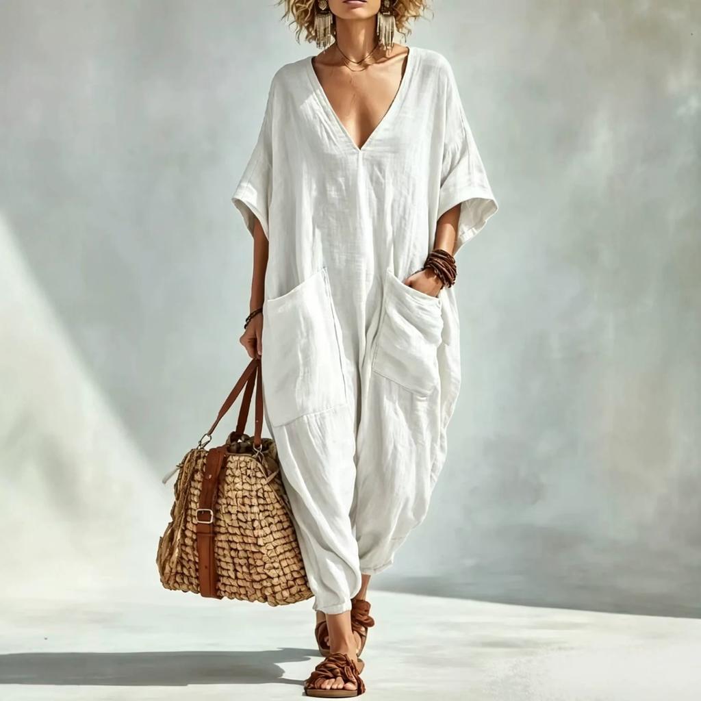 Women V Neck Short Sleeve Plunging Jumpsuit Casual Wide Leg Loose Fit Baggy Romper With Big Side Pockets Solid Color Summer Overalls