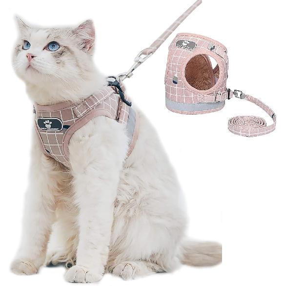 Cat and Puppy Harness with Leash Set, Plaid Adjustable Outdoor Small Dog Full Body Vest Escape Proof Safety, Breathable Comfort Reflective Cat