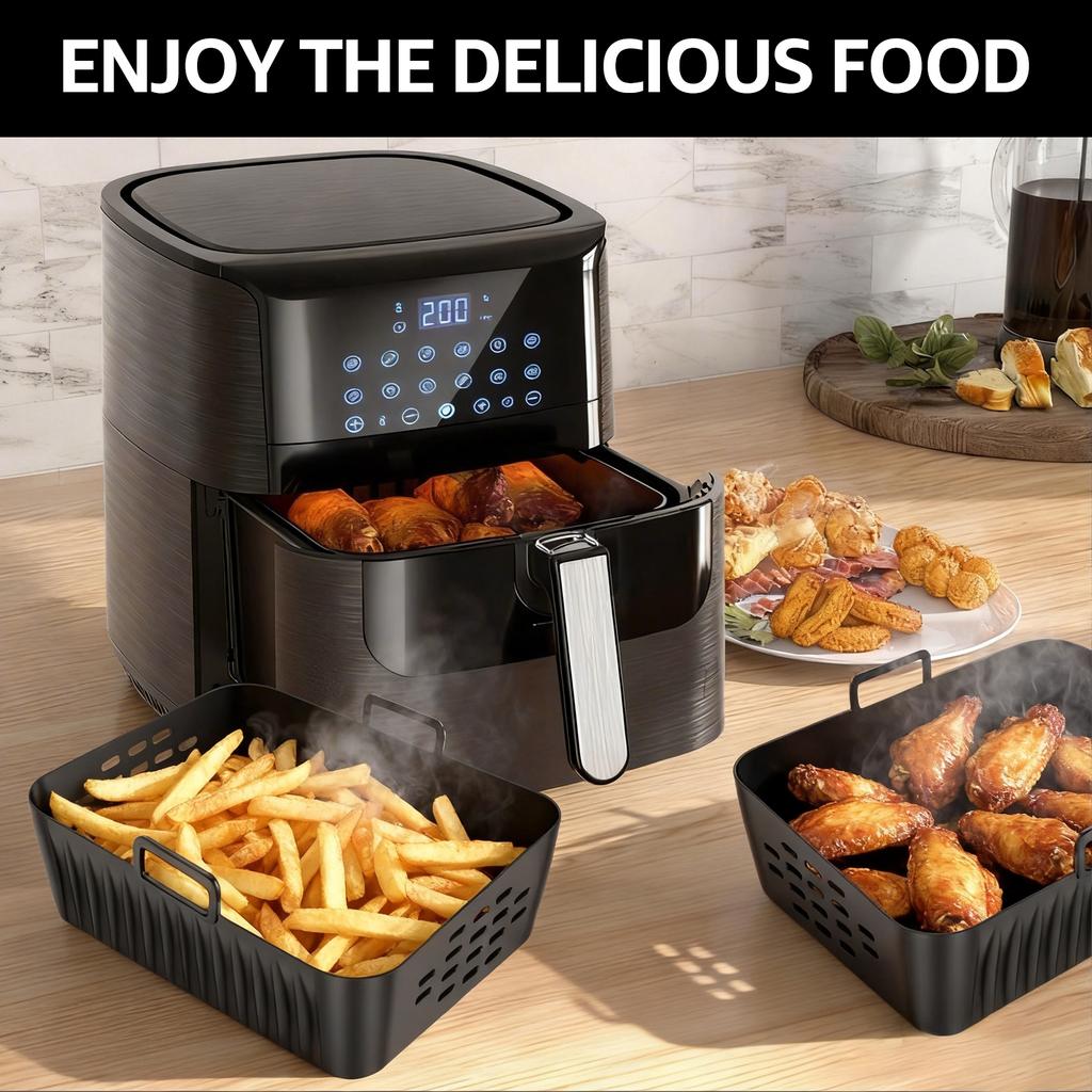 2 Pcs Air Fryer Silicone Tray Double Stack Air Fryer Liner Reusable Baking Basket with Handle Silicone Baking Trays for Kitchen