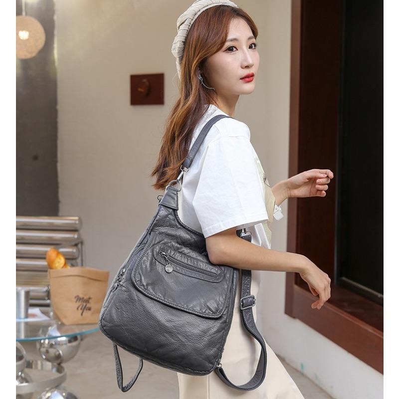 Multifunction White Backpacks Fashion Washed Soft PU Leather Anti-thief Backpack Large Capacity School Bag for Teenager Girls