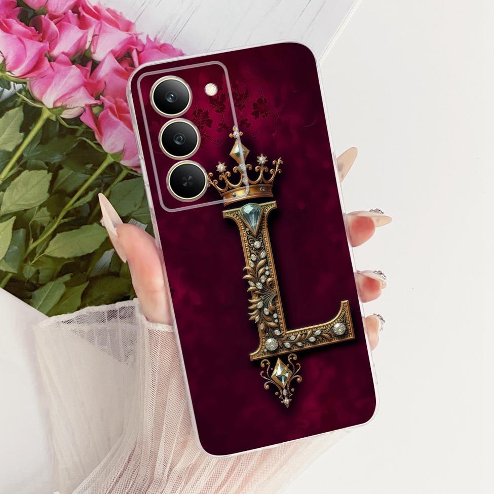 Cover For Realme 14x 5G India Case RMX3940 Transparent Luxury Crown A-Z Letters 2D Flat Pattern Soft Phone Case
