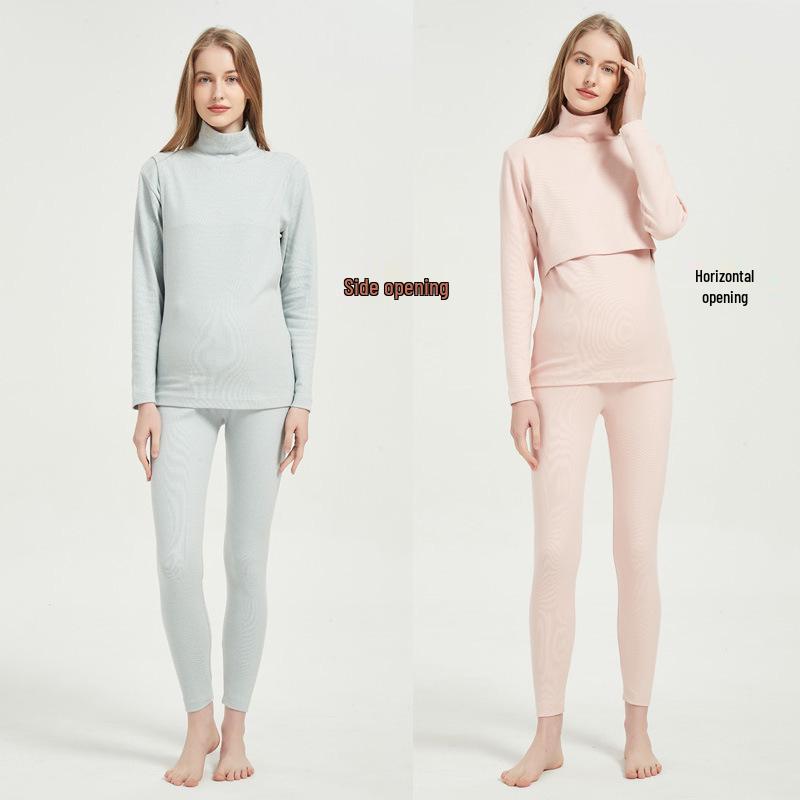 Soft Cotton High Neck Maternity Nursing Top with Horizontal Opening for Breastfeeding, Thickened for Warmth - Autumn/Winter.