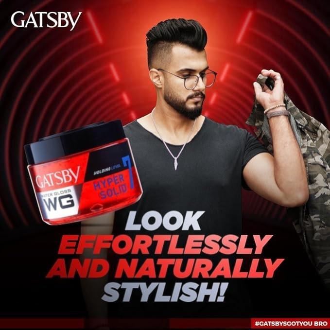 Gatsby Water Gloss Hyper Solid Hair Gel For Men, 300g, Wet Look Styling, Level 7 Strong Hold, Non Sticky, Easy Rinse, Shine Finish