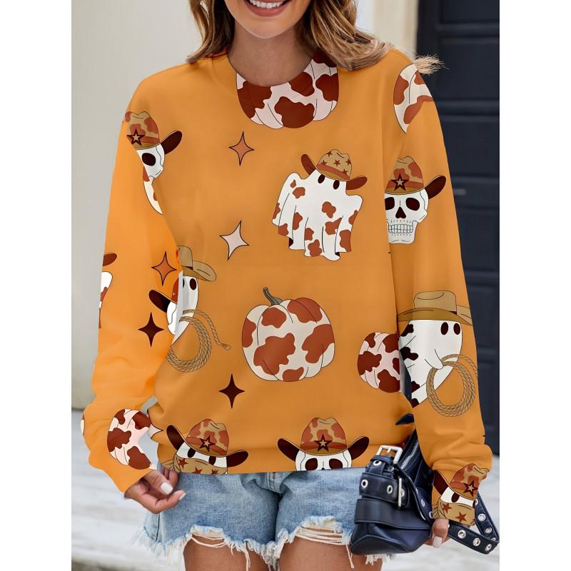 Womens Casual Hoodie With 3D Halloween Print Round Neck Lightweight Breathable Fabric