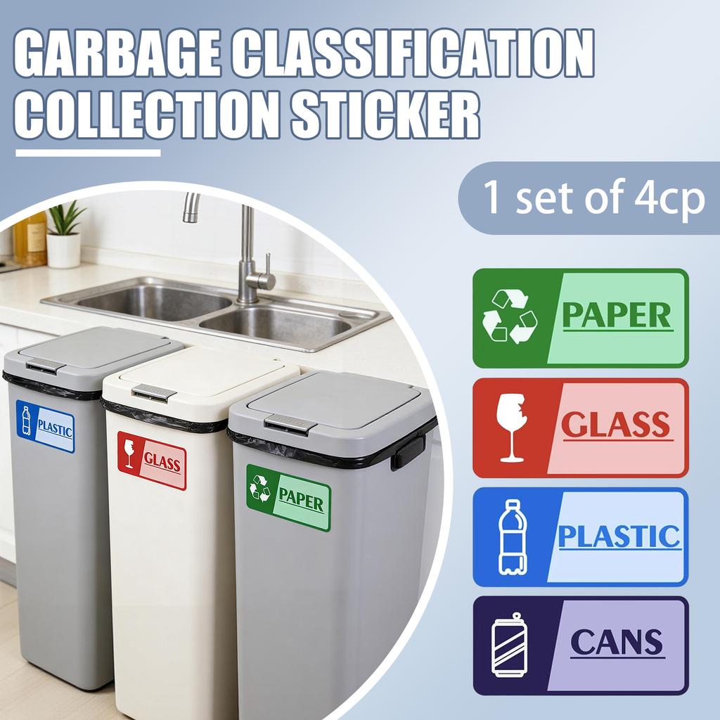 Four Self Adhesive, And Fade Resistant Recycling Stickers For Trash Cans In Schools, And Public Places.