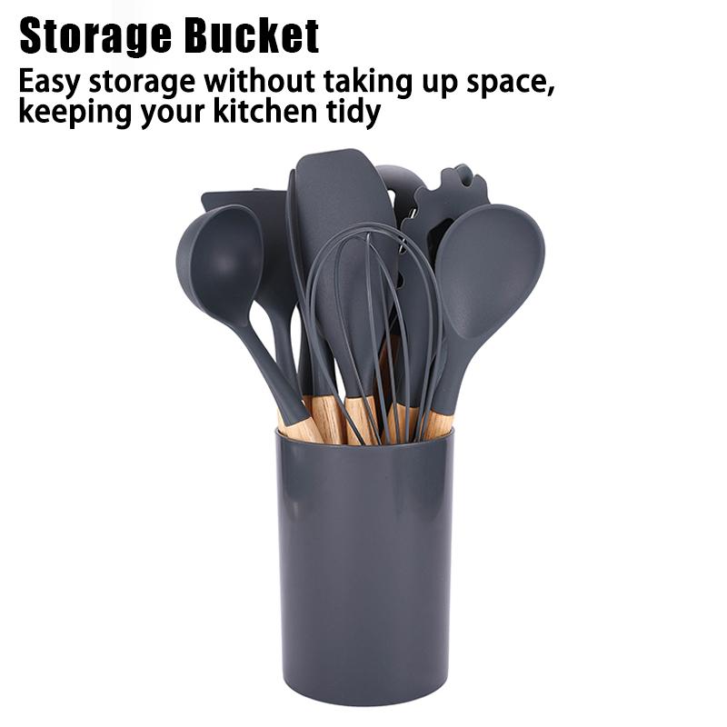 Conjunto de 12 Utensílios de Cozinha com Cabo de Madeira, Silicone Resistente ao Calor, Anti-riscos e Livre de BPA