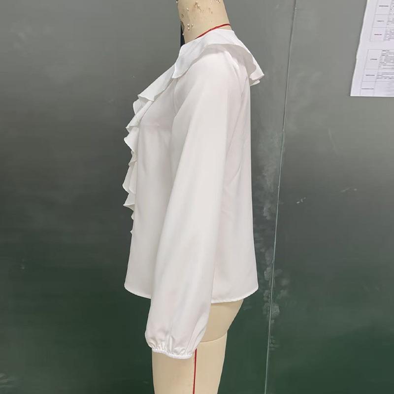 2025 New Autumn Style Splicing Temperament Ruffle Collar Button Fashion Solid Color Versatile Casual Long-sleeved Shirt