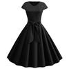 Damen Sommer Vintage Kleid Mit Gürtel Kurze Ärmel V-Ausschnitt Elegant Retro Schwingendes Partykleid
