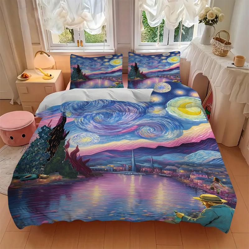 3Pcs Van Gogh Inspired Printed Bedding Set, Breathable and Soft, Machine Washable, Christmas Gift, Suitable for Bedroom Decoration, 15140
