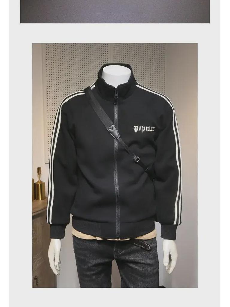 Men's Korean Style Side Stripe Turtleneck Jacket - Sports Embroidery Sweater for Spring, Autumn, Winter