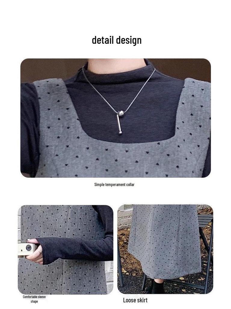 Gray Polka Dot Wool Vest Dress - Korean Style, Autumn/Winter Collection