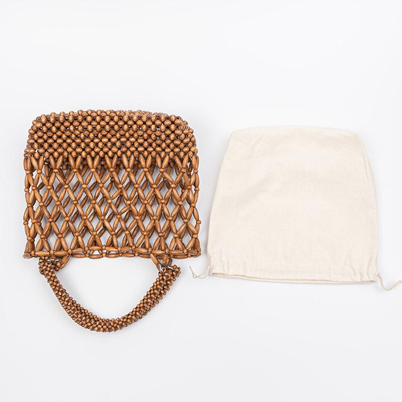 European American Style Handmade Woven Hollow Out Beaded Bag, Women Wooden Bead Tote Bag, Beach Vacation Crossbody Shoulder Bag