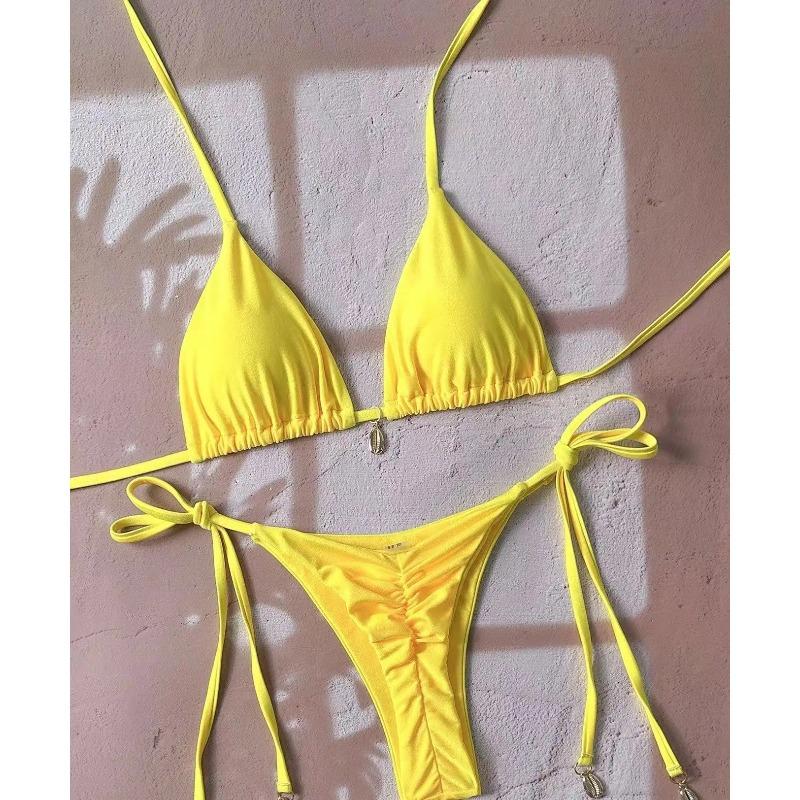 Sexy Pure Color Bikini Set with Strap Ne Hanging Pad Metal Bule Two-Piece Swimsuit Triangular Design Polyester Nylon Mate...