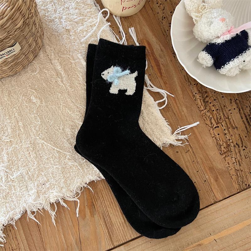Winter Socks Cartoon Puppy Bow Wool Socks Cute Warm Socks Stacked Socks