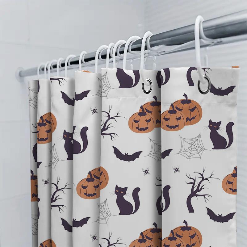 Halloween Decor Shower Curtain Halloween Pumpkin Cats Black Spiders White Bath Mat Waterproof Bathroom Curtains Customizable