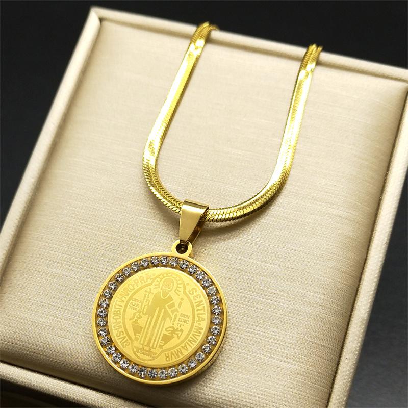 Vintage Crystal Saint Benedict Medal Necklace for Men Women Stainless Steel San Benito Party Gold Color Amulet Jewelry Gift