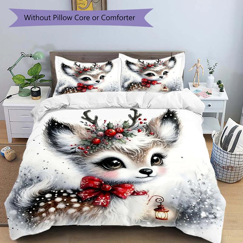 

3pcs Christmas Deer with Antlers Print Cover Set Ultra Soft, Breathable 135x200cm