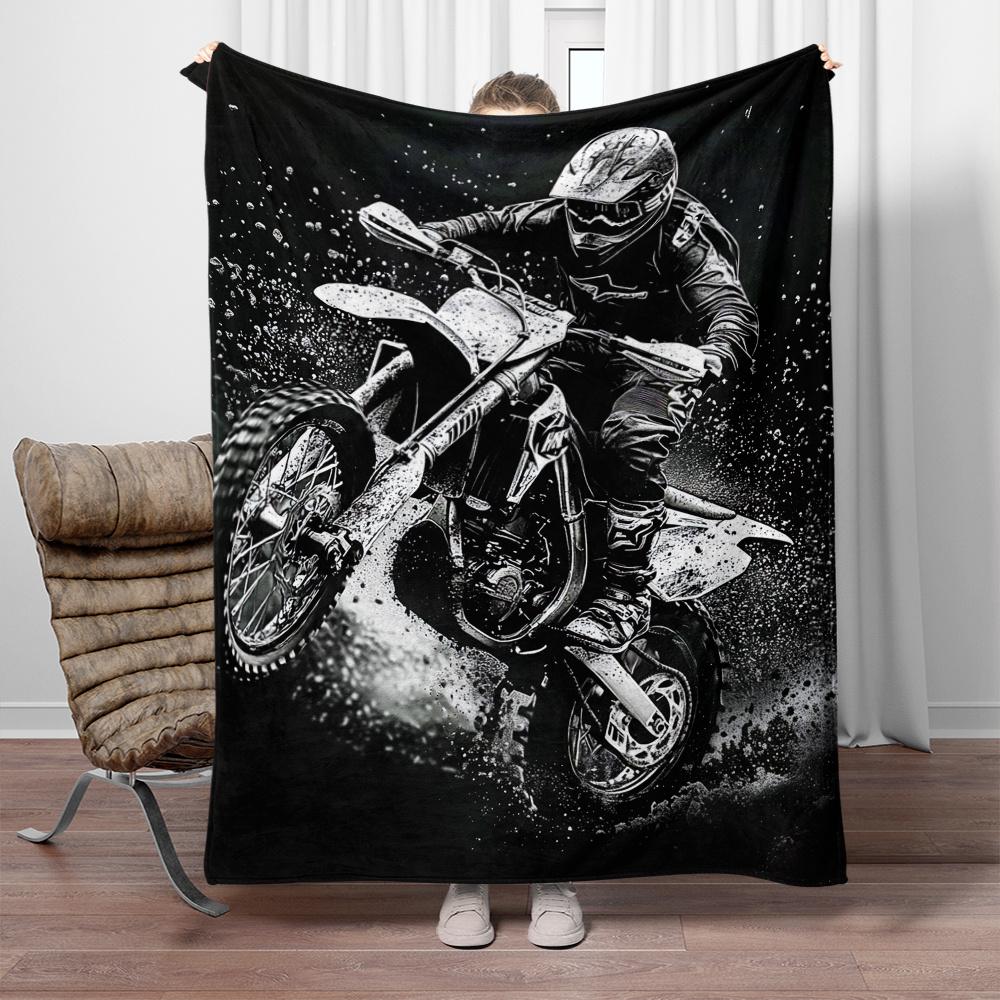 Motorcycle Rider Dirt Bike Action Fleece Blanket Black White Graphic Throw Blanket Biker Theme Soft Plush Bedding Gift for Men