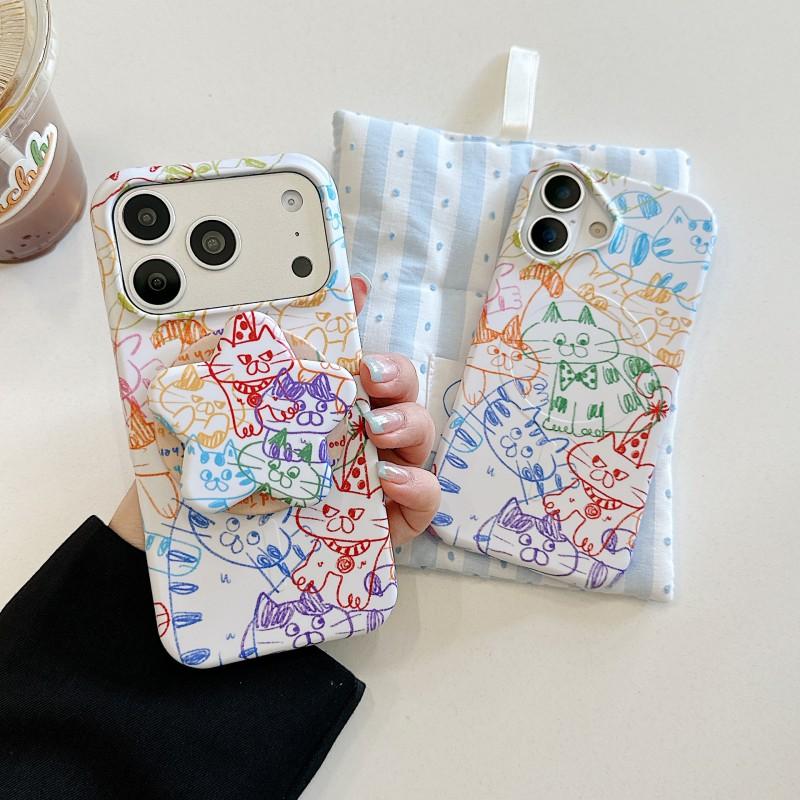 Colorful Doodle Cat Hard Phone Case IPhone 16 15 Pro 17 Max With Magnetic Stand PC Shell