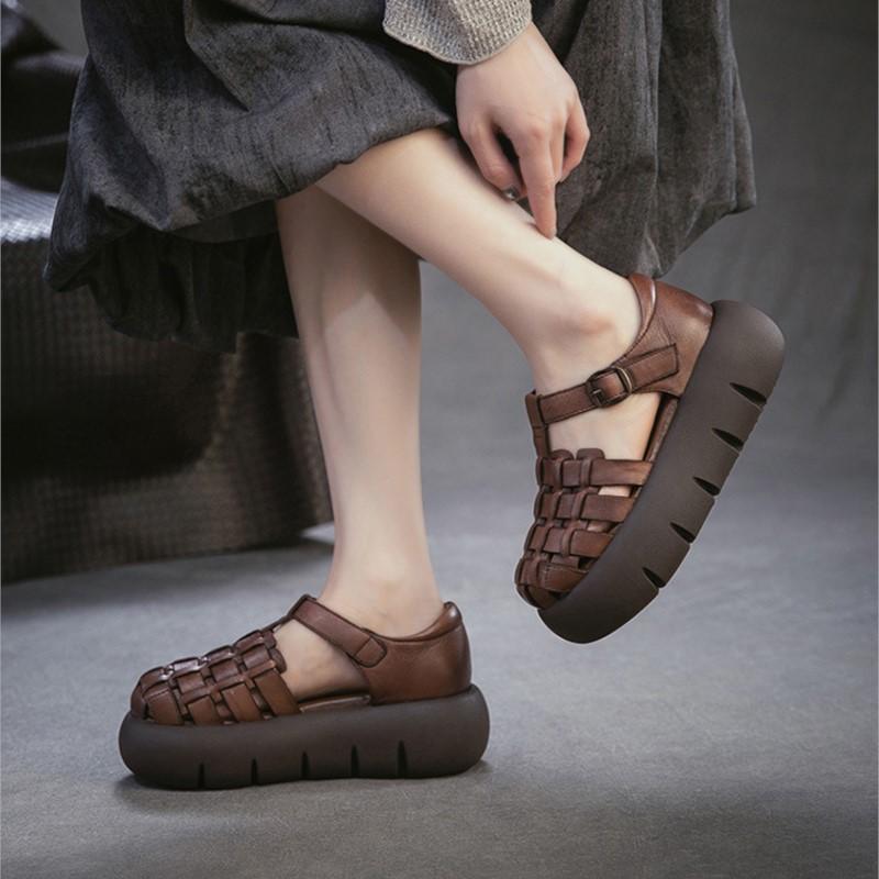 Johnature Genuine Leather Retro Handmade Woven Thick Soled Sandals Versatile Women's Platform Shoes