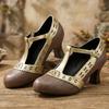 Women T-Strap Pumps  Kitten High Heels Cutout PU Shoes Small Oversize Plu Size 32 50
