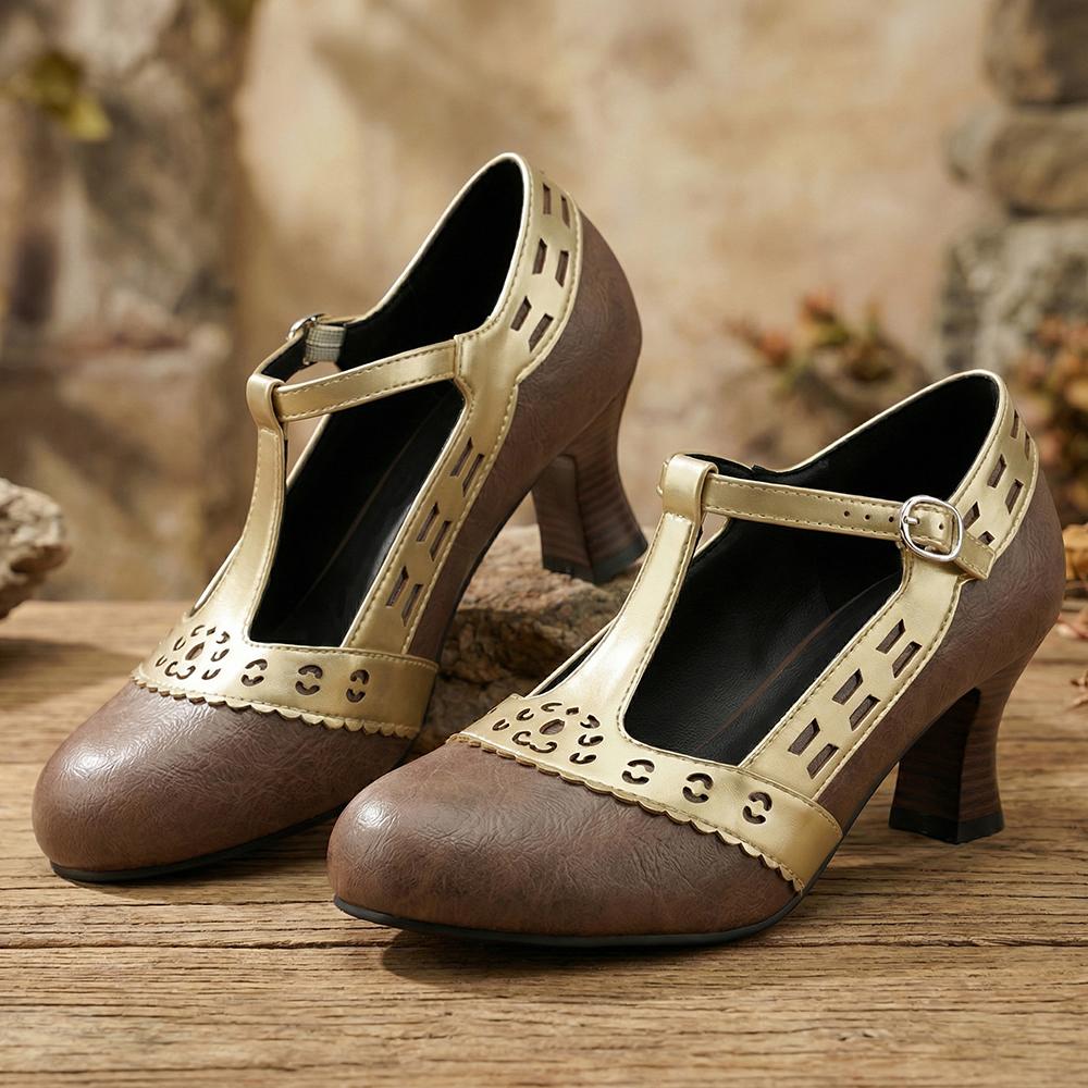 Women T-Strap Pumps  Kitten High Heels Cutout PU Shoes Small Oversize Plu Size 32 50