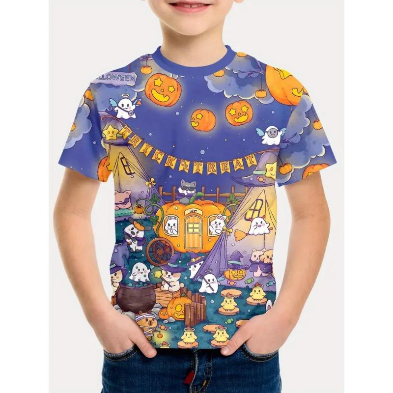 Halloween Boy's T-Shirt Pumpkin Pattern Summer Short Sleeves Skull Fashion Print Kids Tops 2-10y Party Gift Children's Clothing
