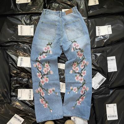 Unisex Streetwear Jeans Y2K Mens Womens Harajuku Hip Hop Sakura Embroidery Retro Patch Baggy Jeans High Waist Wide Leg Trouser