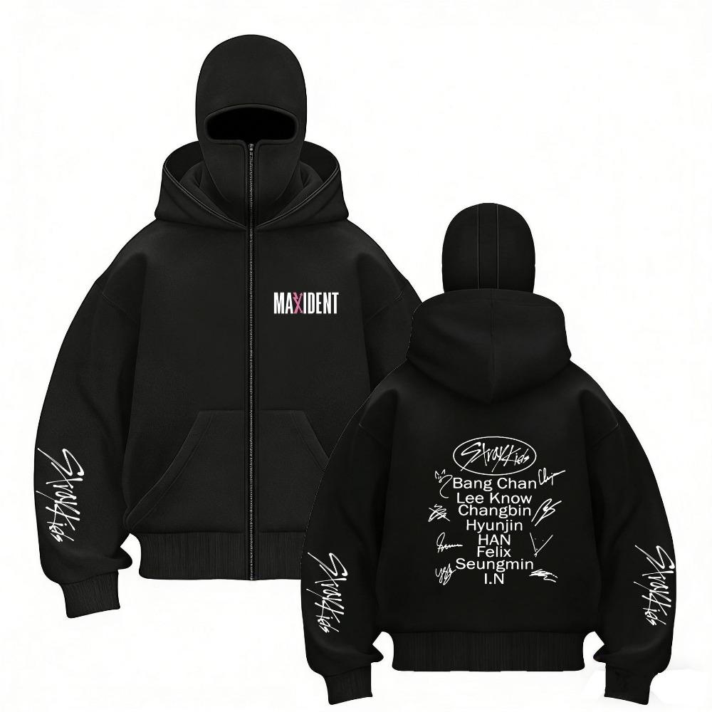 Stray Kids Europa Konzertbereich Harajuku Aufdruck Doppelhut Reißverschluss Pullover Unisex Mantel