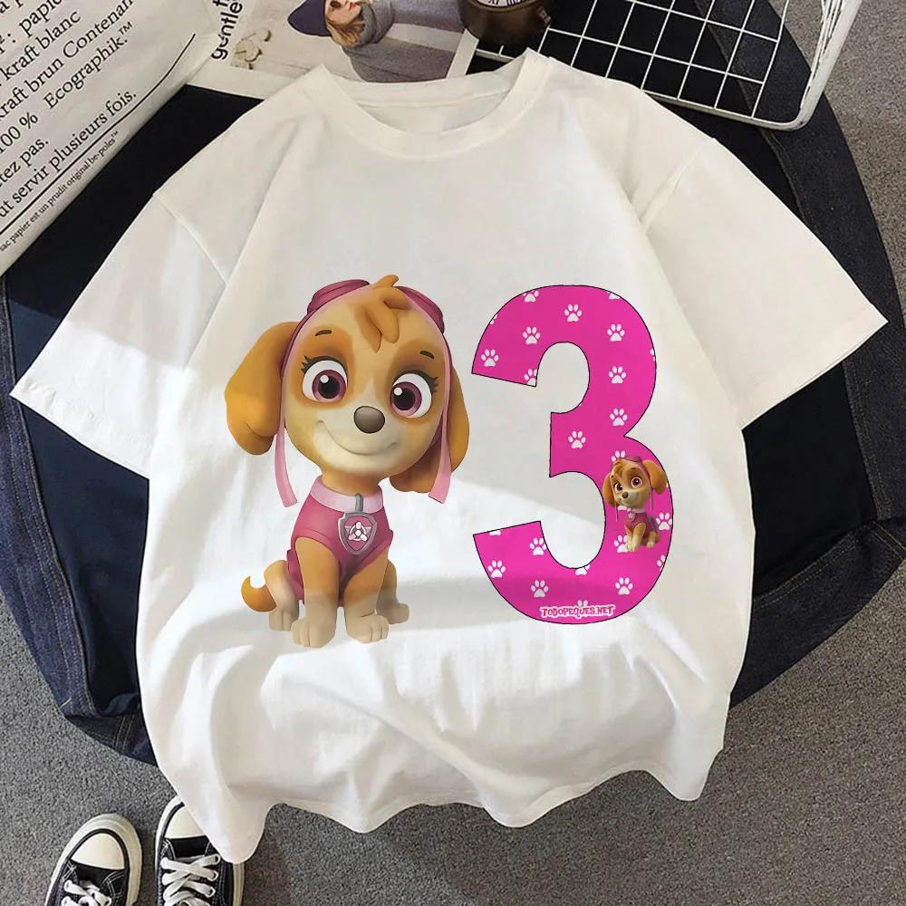 Paw Patrol Birthday Number Tee Shirt Baby Summer Cotton T Shirt Boy Girl Chase Skye Printed Kid Clothes Cartoon Letter Tops Gift