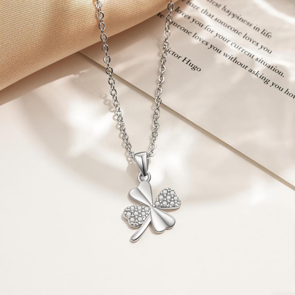 Minimalist Four-Leaf Clover Zircon Pendant Necklace for Women - Light Luxury Clavicle Chain, High-End Lucky Charm