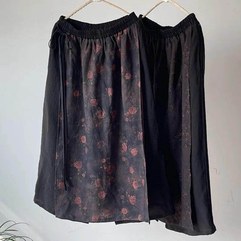 Johnature Women Vintage Linen Patchwork Print Floral A-Line Skirts Elastic Waist Clothes Autumn Chinese Style Skirts