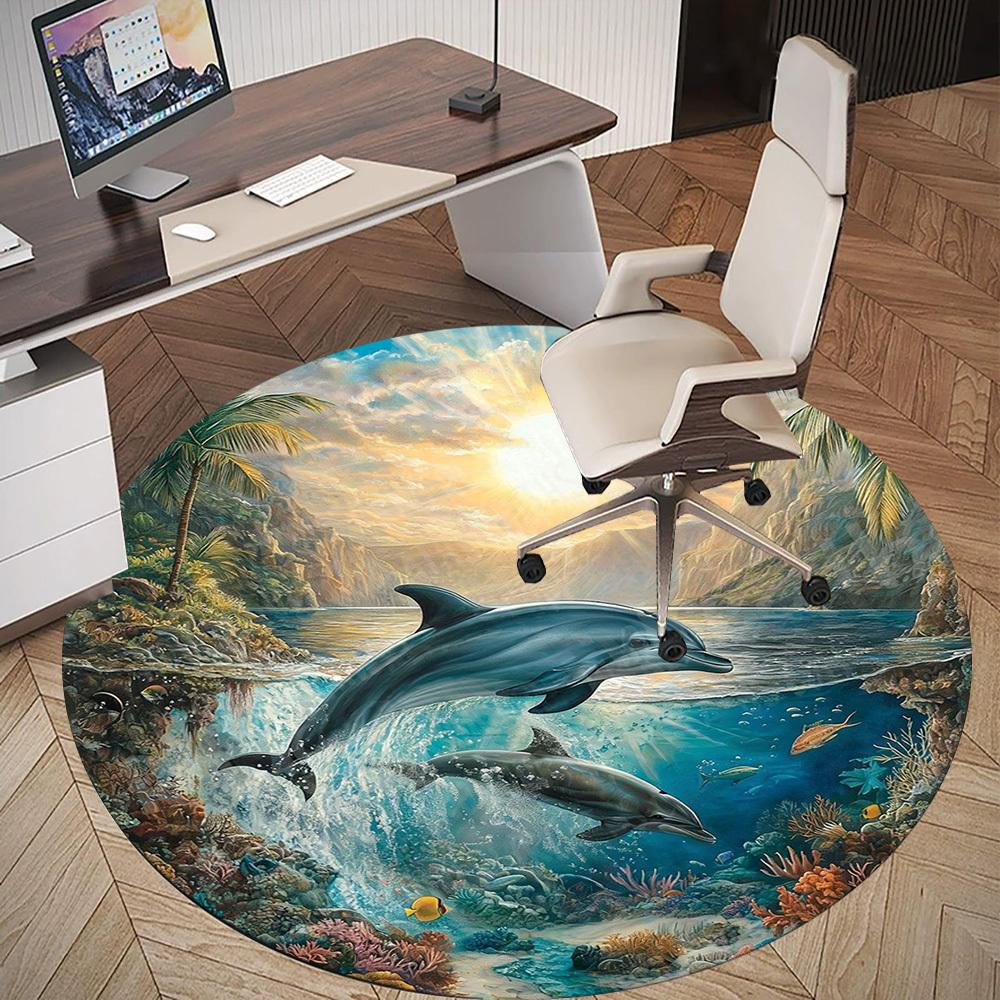 1PC dolphins ocean Office Round Area Rug, Under Office Chairs Bedroom Living Room Home Decor,Carpet for Office, -1110229