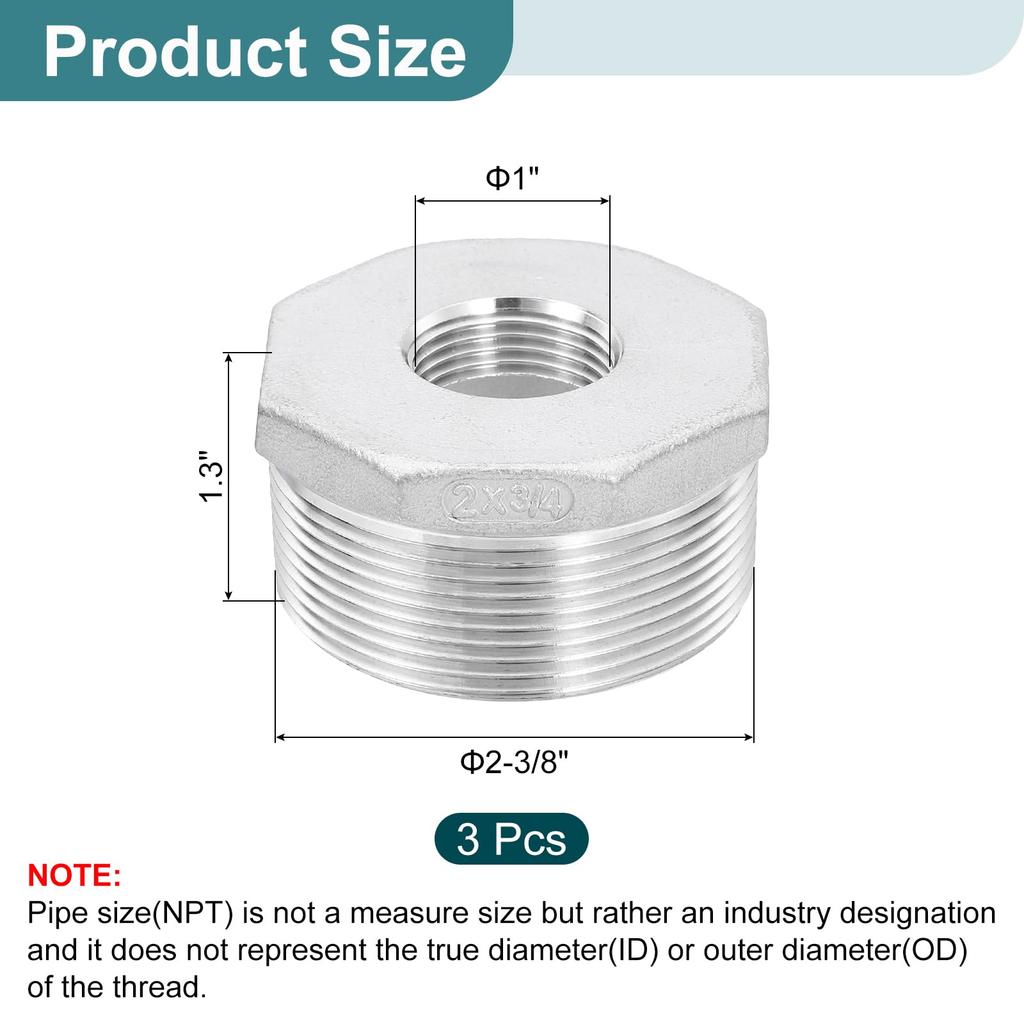 Uxcell 3Pcs Female To Female N PT 304 Stainless Steel Reducer Hex Bushing Reduced Casting Pipe Adapter Fitting for Industrial Water HVAC and Plumbing
