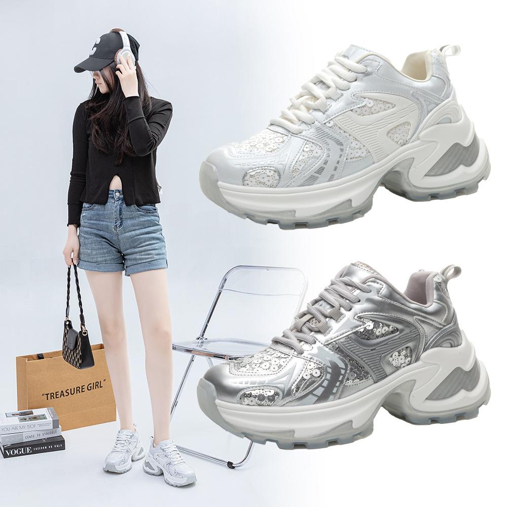 Thick-soled heightening dad shoes for women in winter and autumn 2025, new fashionable warm and breathable hollow sequined casual shoes for women