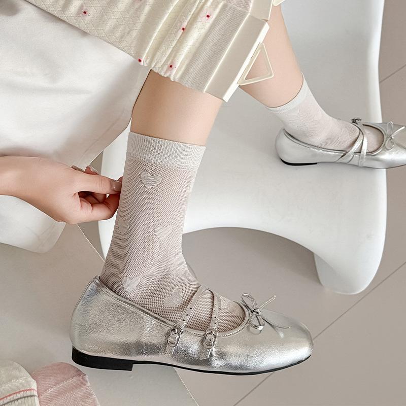 Spring and Summer Girls' Sweet Teen Floral Pink Mid-Calf Stockings with Mesh Openwork Edging and Layered Socks
