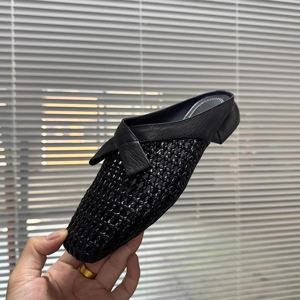 Mode Square Toe Hausschuhe Damen Sommerschuhe Luxus Pantoletten Mittlere Flechtwerkabsätze Weibliche Pantolette Cover Designer Pantoletten Weicher Block Mode