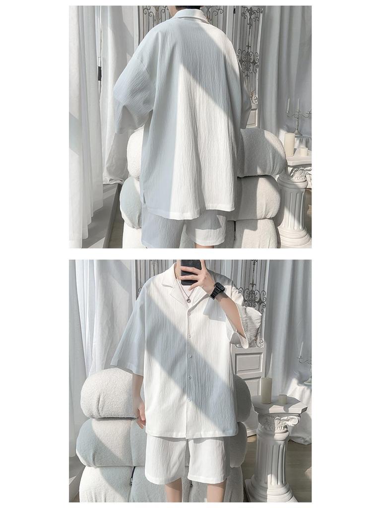 Men's Hong Kong Style Casual Short Sleeve Shirt & Loose Sports Shorts Two-Piece Set