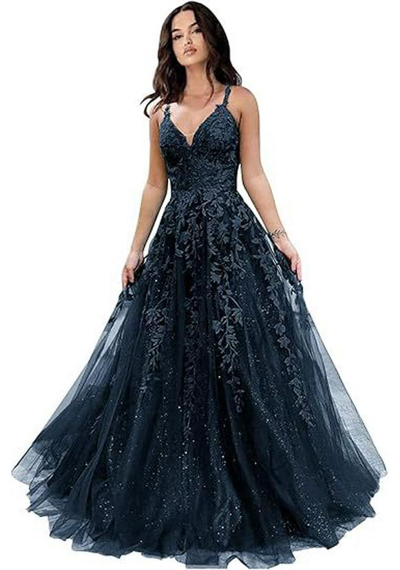 Elegante Abito da Sera in Rete Ricamata con Paillettes e Scollo a V Profondo