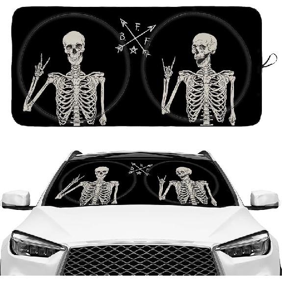 Funny Skull Gothic Hippie Skeleton Black Windshield Sunshade For Car SUV Truck Foldable Uv Ray Reflector Front Window Sun Shade Visor Shield Cover