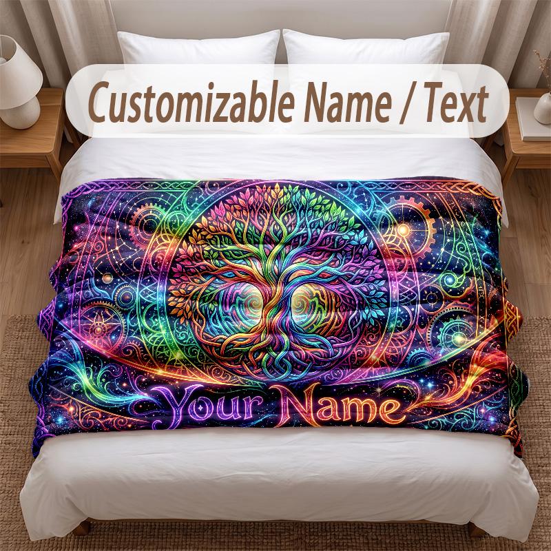 Tree of Life Theme Soft Blanket Personalized Custom Name Text Print Warm Blanket Home Sofa Bedroom Decor