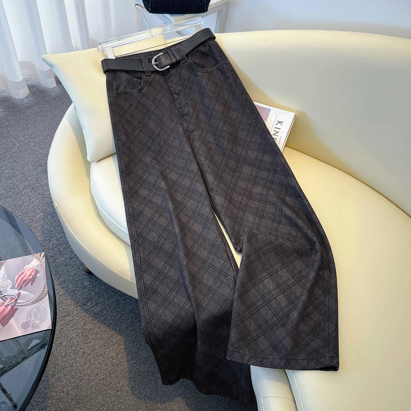 Women s Retro High-Waisted Wide-Leg Plaid Jeans - Spring 2026 Collection Large