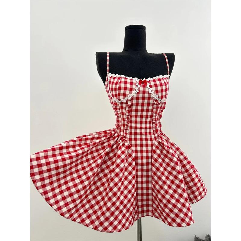 Summer French Prom Gown Ballet Core Mini Plaid Dress Women Gyaru Coquette 2000s Aesthetic Evening Frocks Party Fairy One-Piece